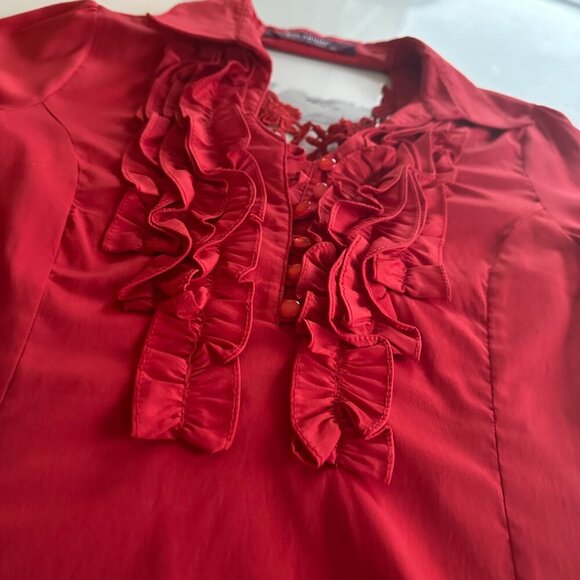 Kularium | Blouse | Small | Red | Ruffled Dress Shirt Top, Slight Stretch - Picture 3 of 9